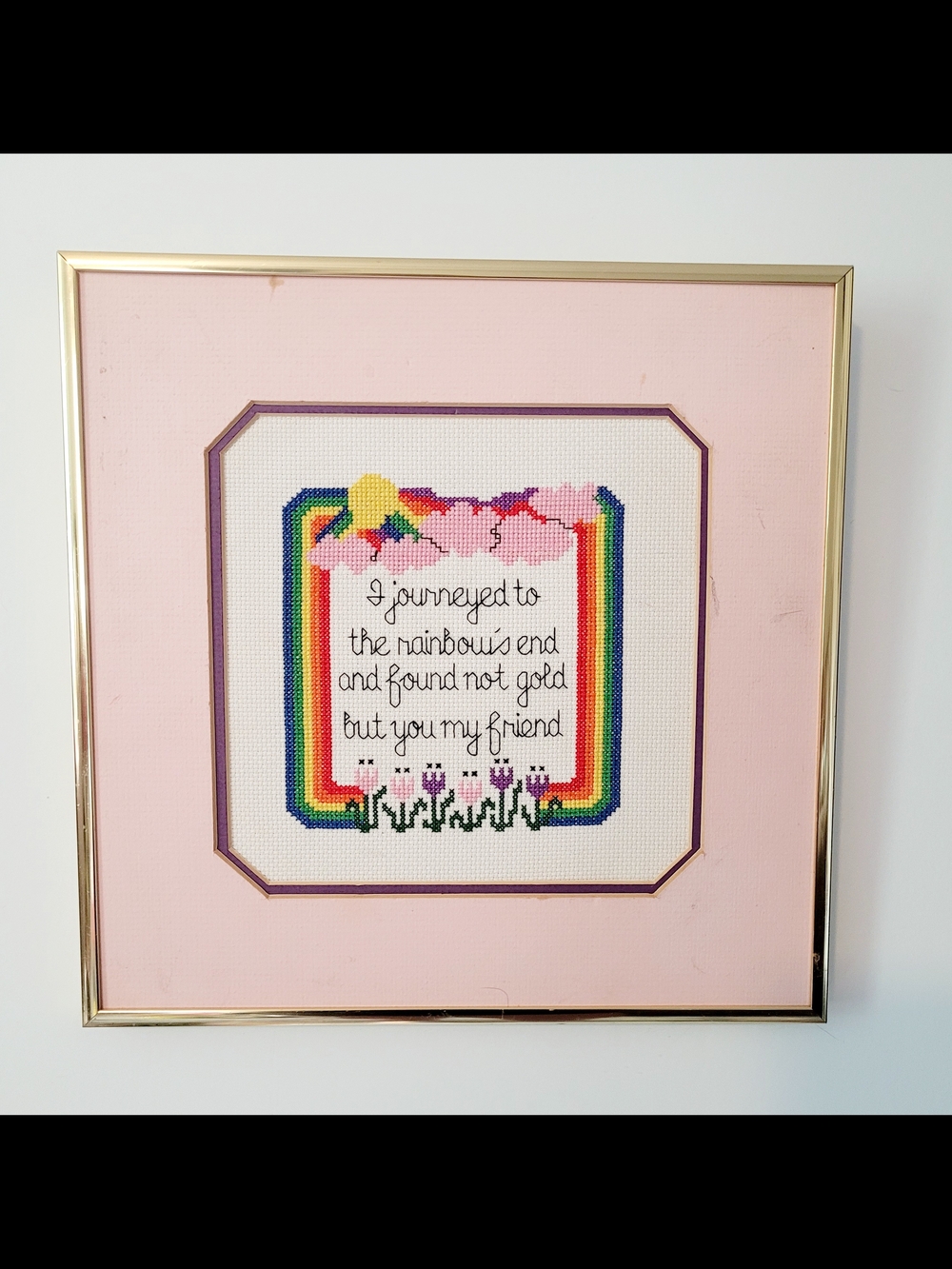 Source Unknown Pink Rainbow Cross-Stitch Friendship Sampler